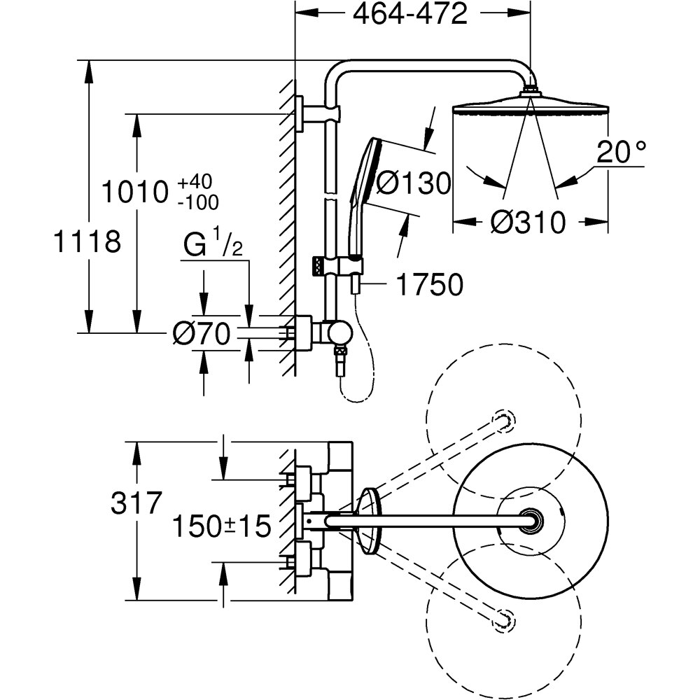 Sistem dus GROHE Rainshower SmartActive 310 26648000, termostat, 3 functii, crom
