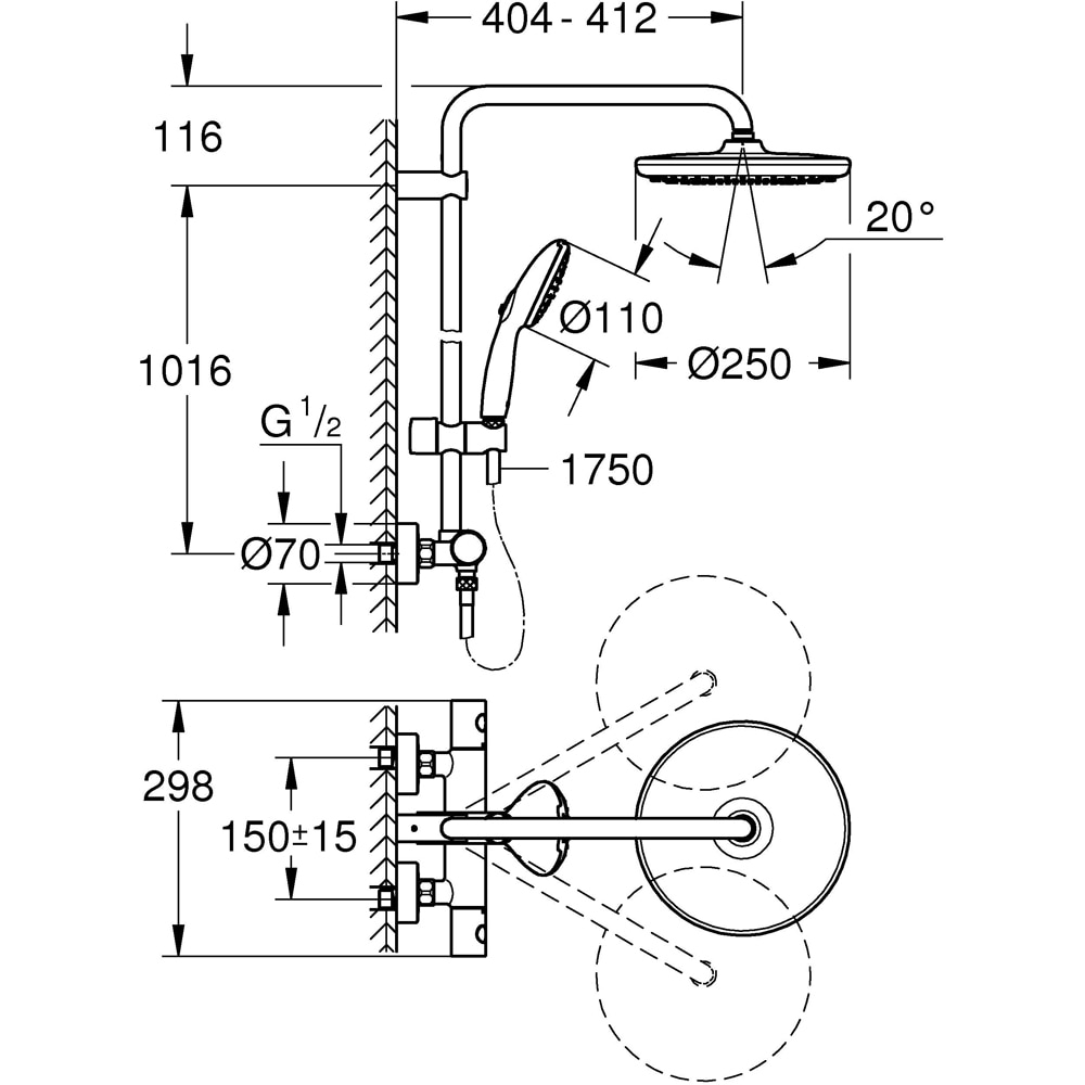 Sistem dus GROHE Tempesta 250 26670001, termostat, 1 functie, crom