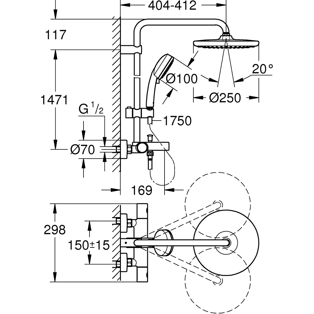Sistem dus GROHE Tempesta Cosmopolitan 250 26672000, termostat, 2 functii, crom