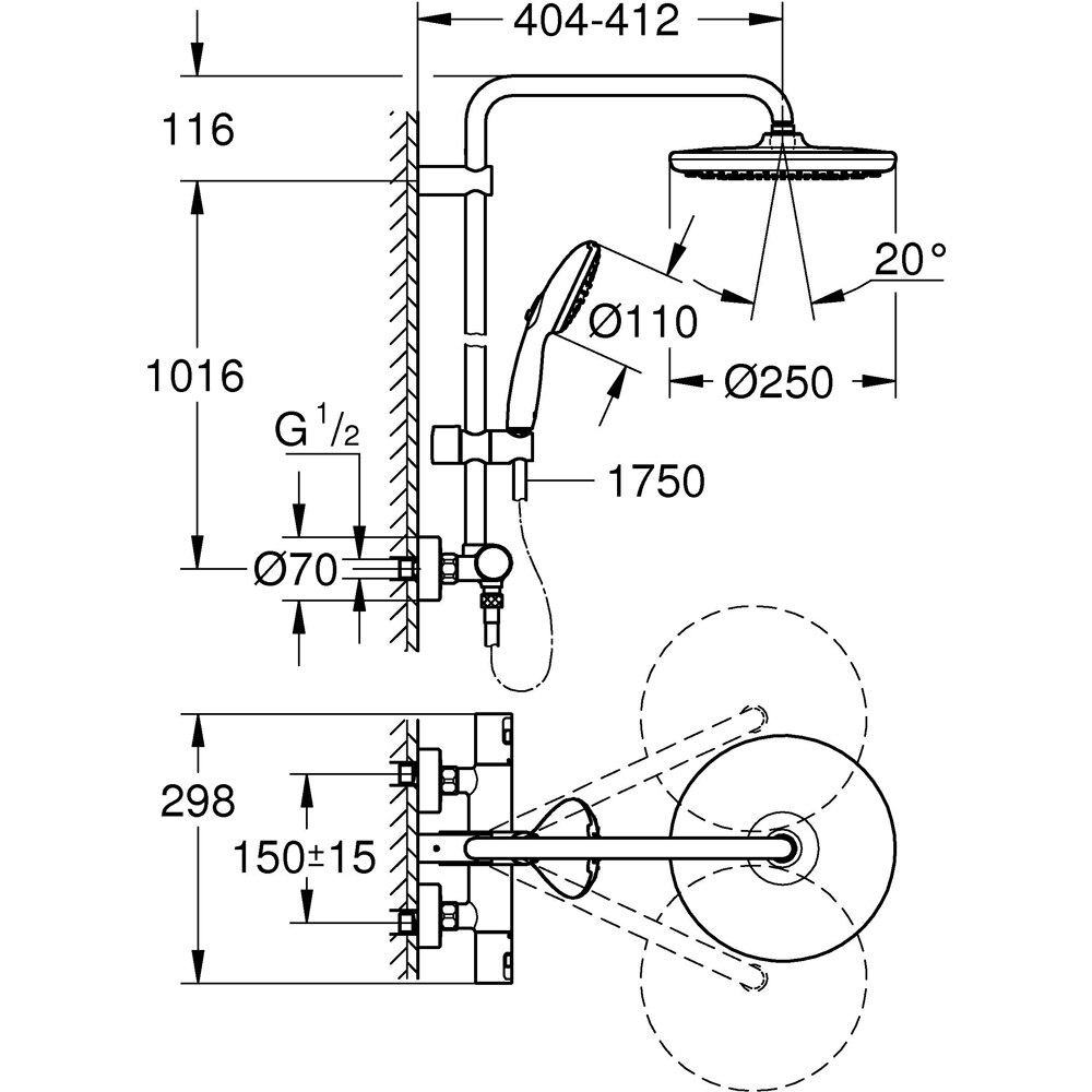 Sistem dus GROHE Vitalio Start 250 26677001, termostat, 1 functie, crom