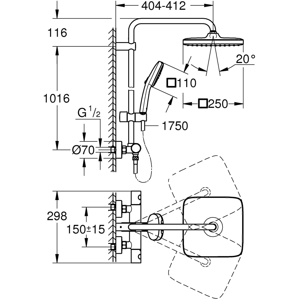 Sistem dus GROHE Tempesta Cube 250 26689001, termostat, 1 functie, crom