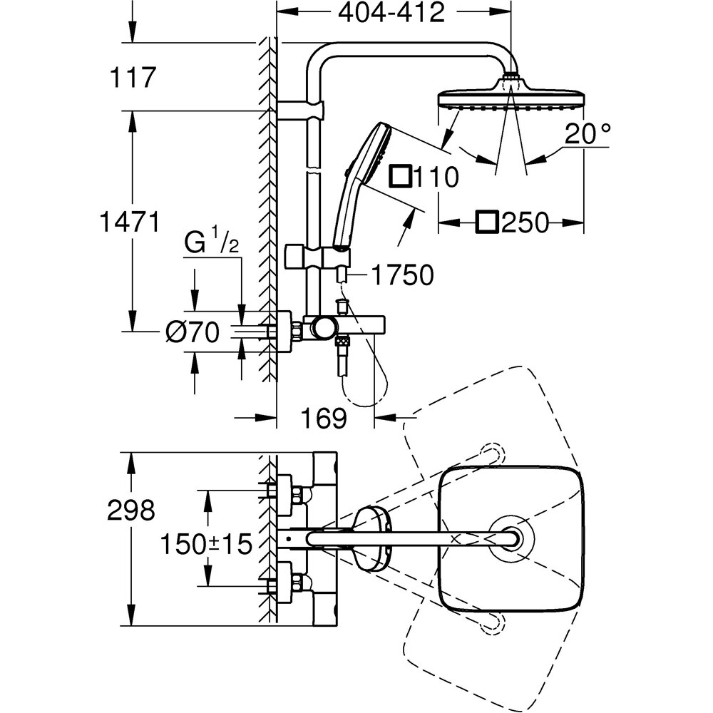 Sistem dus GROHE Tempesta Cube 250 266912431, termostat, 1 functie, negru