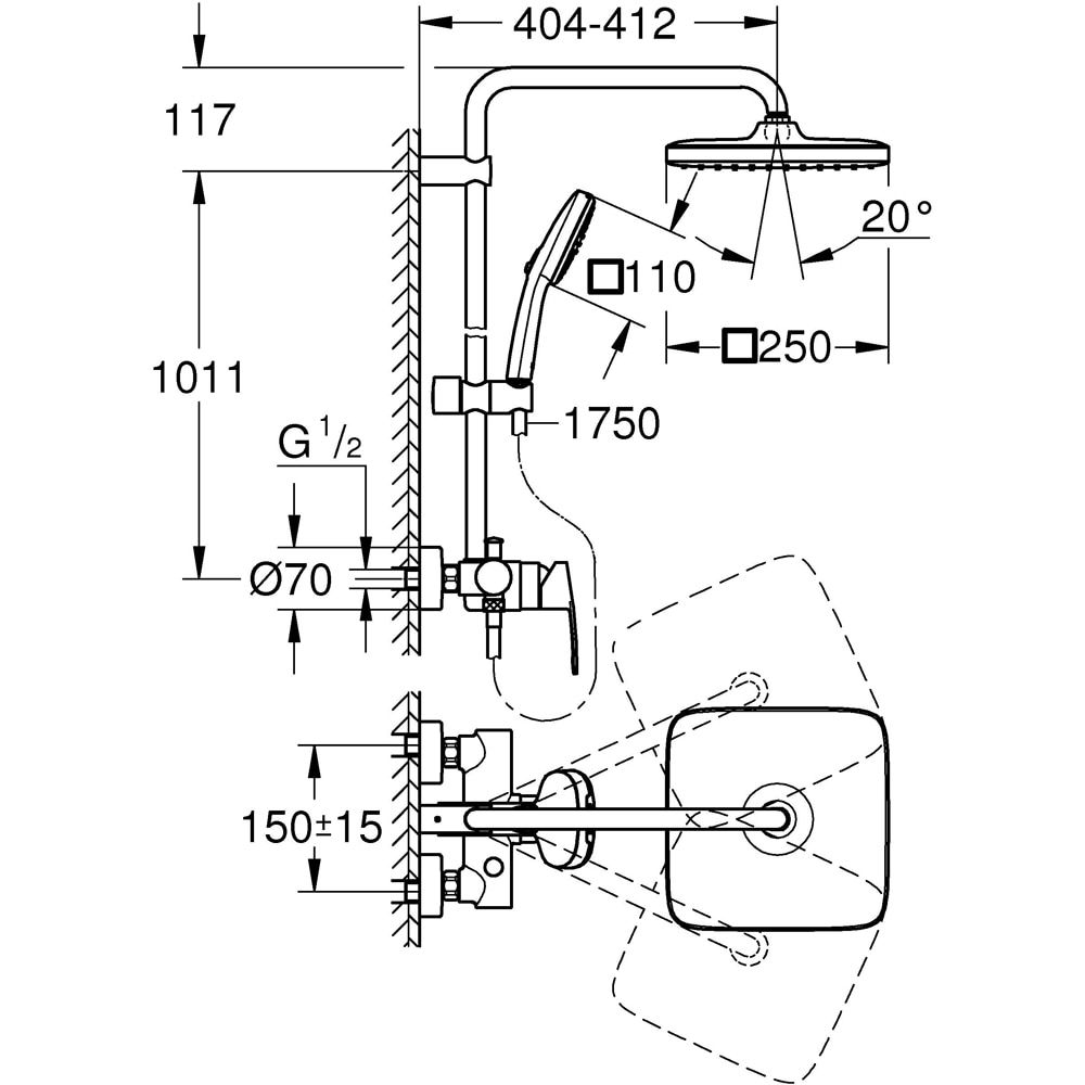 Sistem dus GROHE Tempesta Cube 250 26692001, 1 functie, crom
