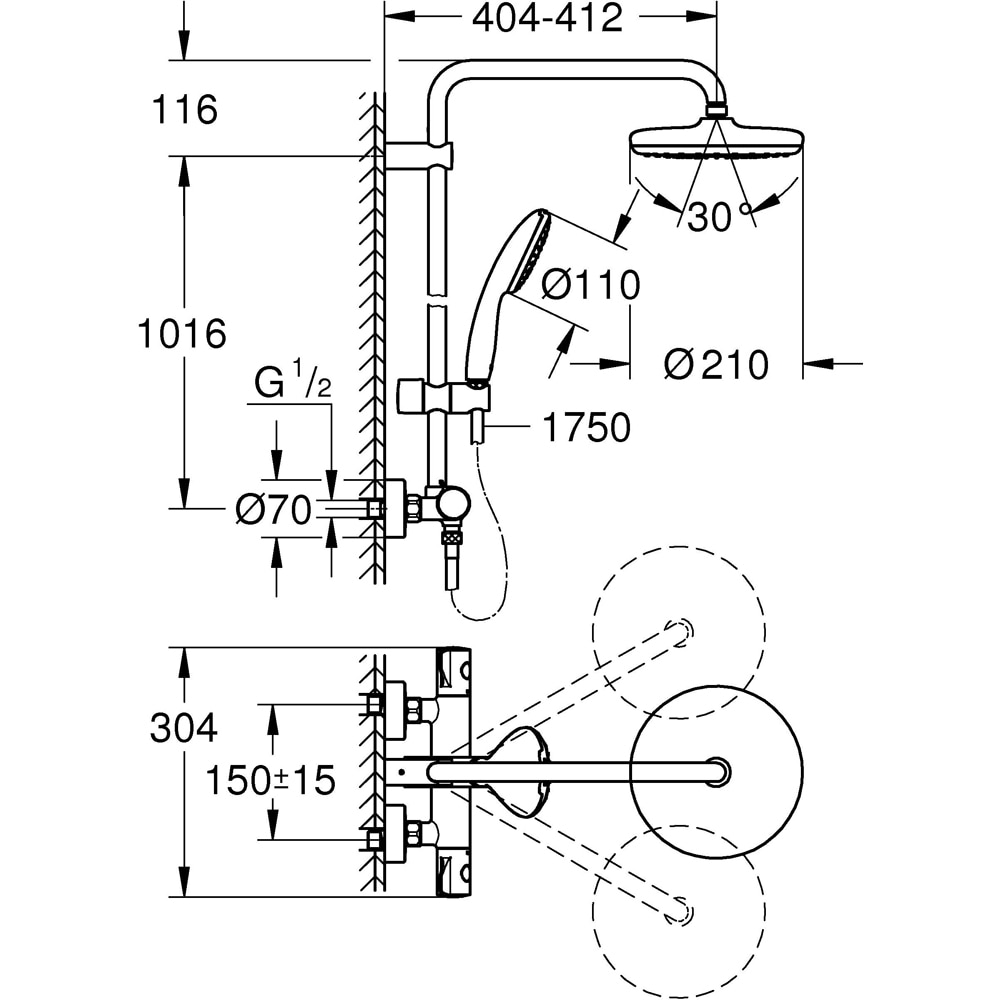 Sistem dus GROHE Tempesta 210 26811001, termostat, 1 functie, crom