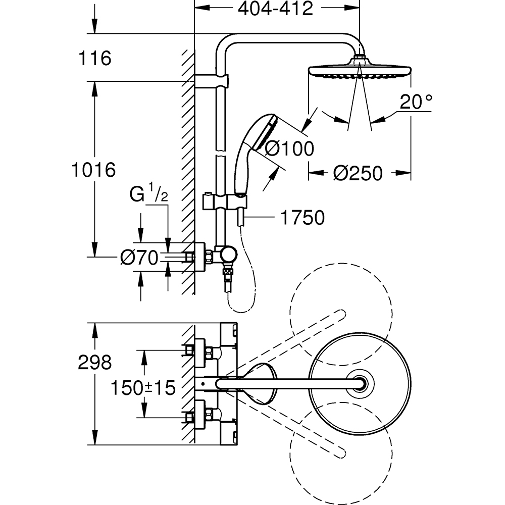 Sistem dus GROHE Vitalio 250 26816000, termostat, 2 functii, crom