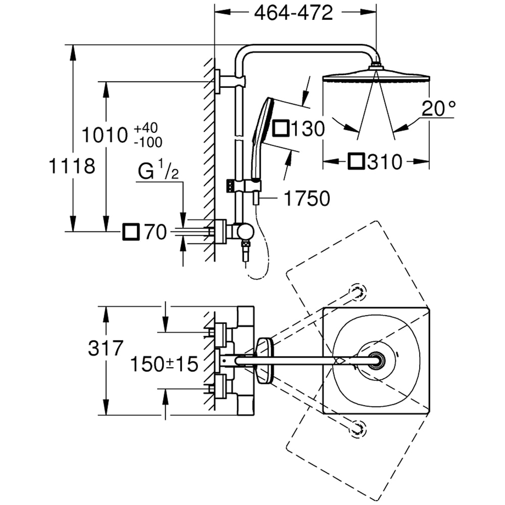 Sistem dus GROHE SmartActive Cube 310 26837A00, termostat, 1 functie, grafit