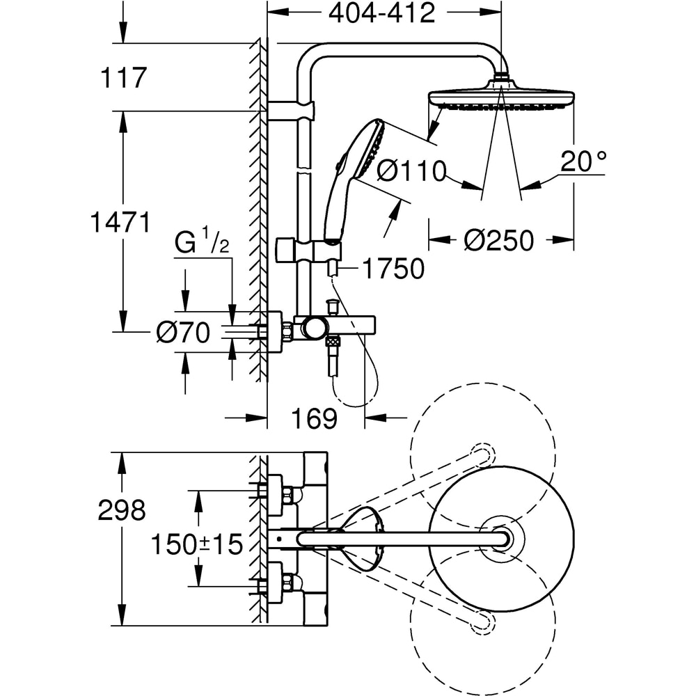 Sistem dus GROHE Vitalio Start 250 26988001, termostat, 1 functie, crom