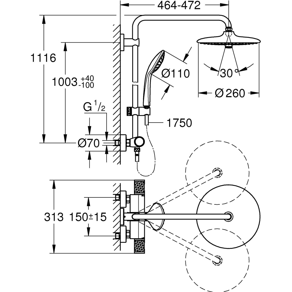 Sistem dus GROHE Euphoria 260 27615002, termostat, 3 functii, crom