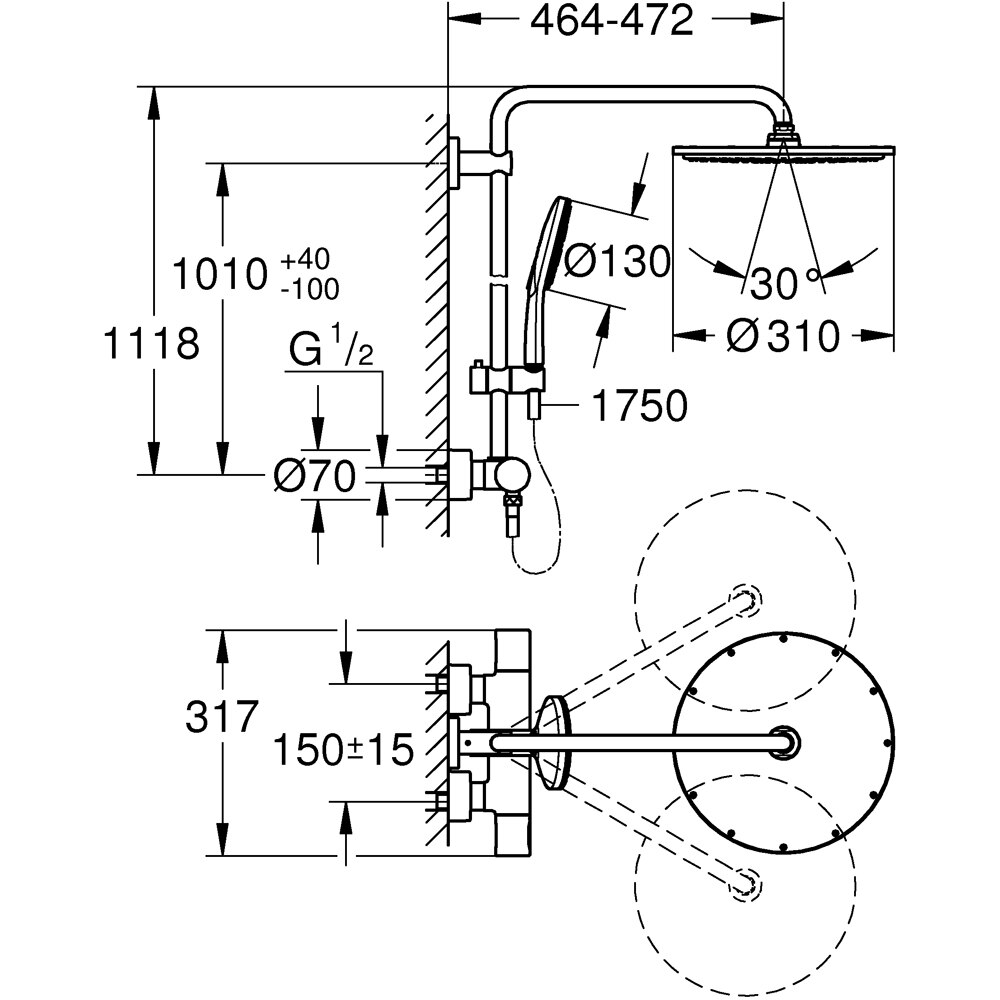 Sistem dus GROHE Rainshower SmartActive 310 27966001, termostat, 1 functie, crom