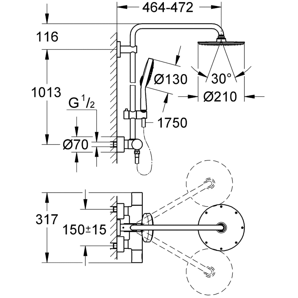 Sistem dus GROHE Rainshower 210 27967000, termostat, 3 functii, crom