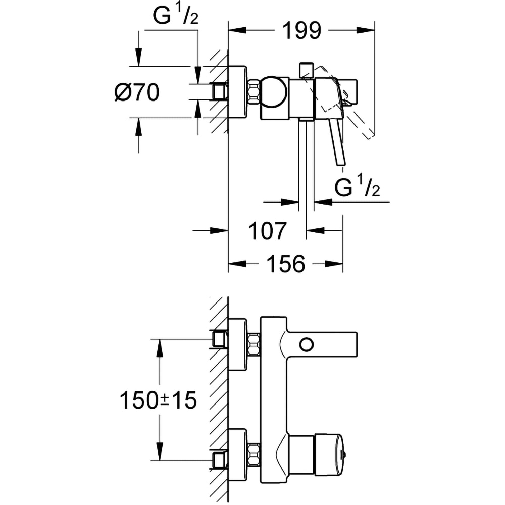 Baterie cada-dus GROHE Concetto 32211001, divertor automat, alama, argintiu