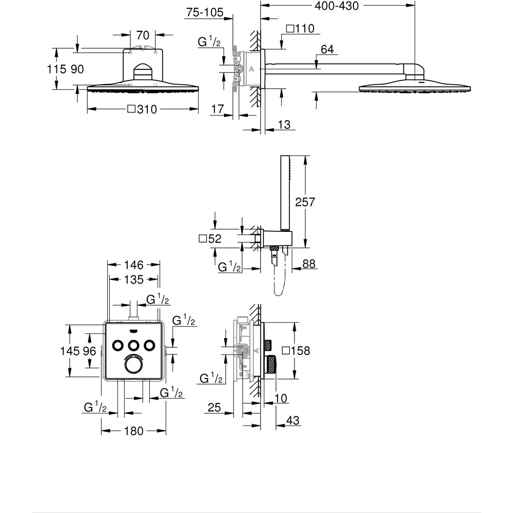Sistem dus GROHE SmartControl 310 34712000, termostat, 3 functii, crom