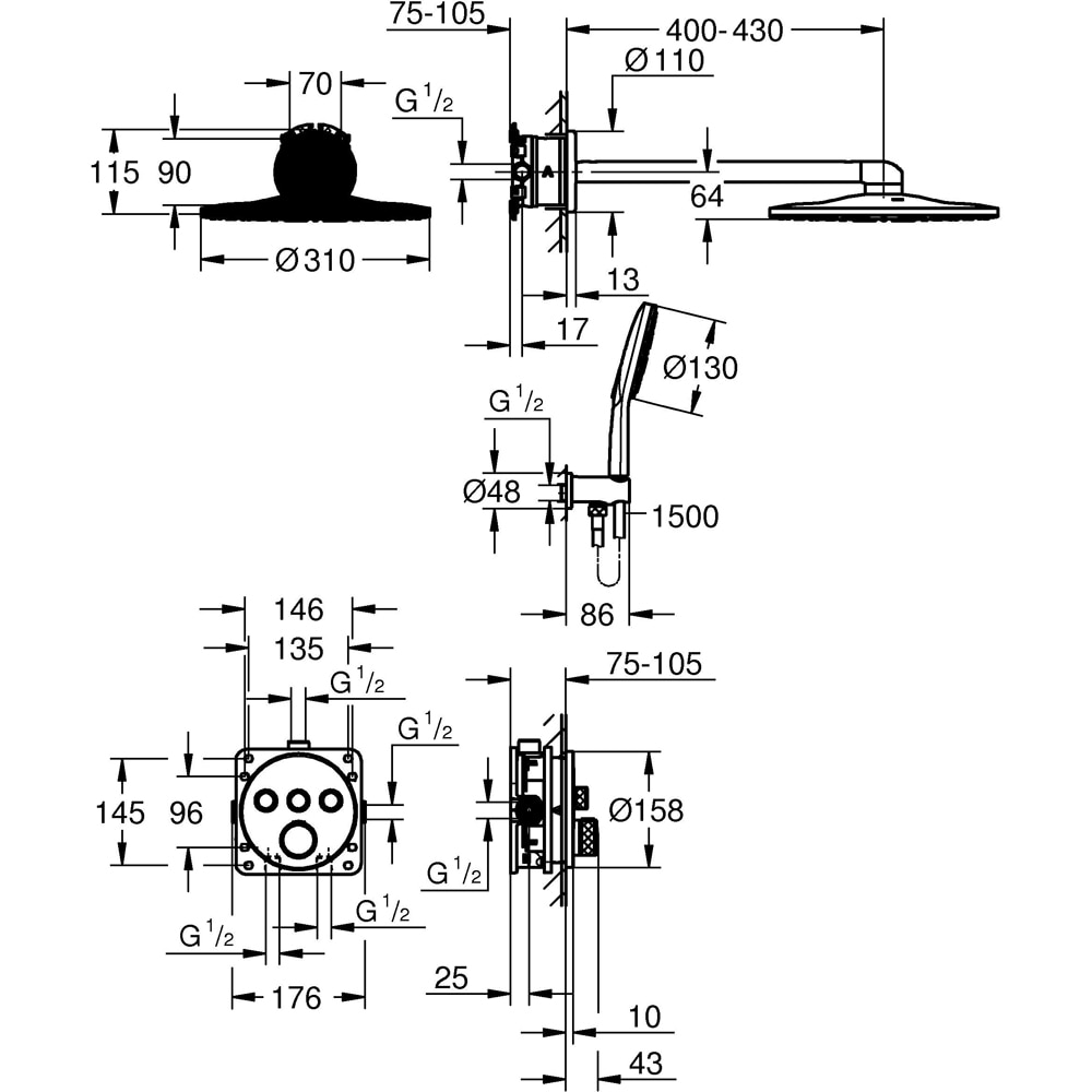 Sistem dus GROHE SmartControl 310 34863KF0, termostat, 3 functii, negru