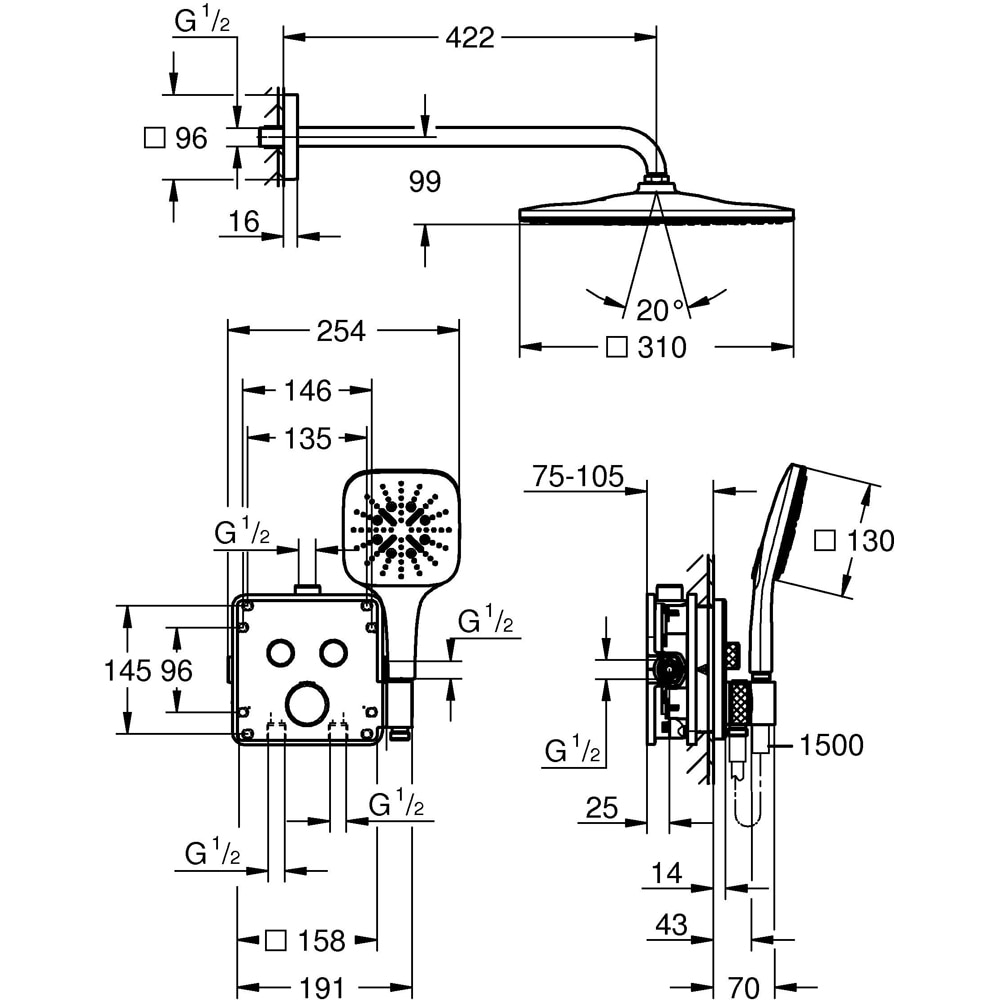 Sistem dus GROHE SmartControl Cube 310 34865000, termostat, 1 functie, crom