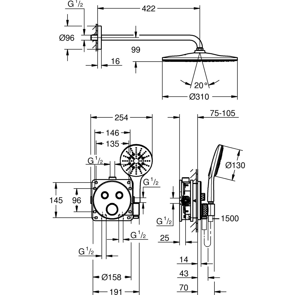 Sistem dus GROHE SmartControl 310 34866000, termostat, 1 functie, crom
