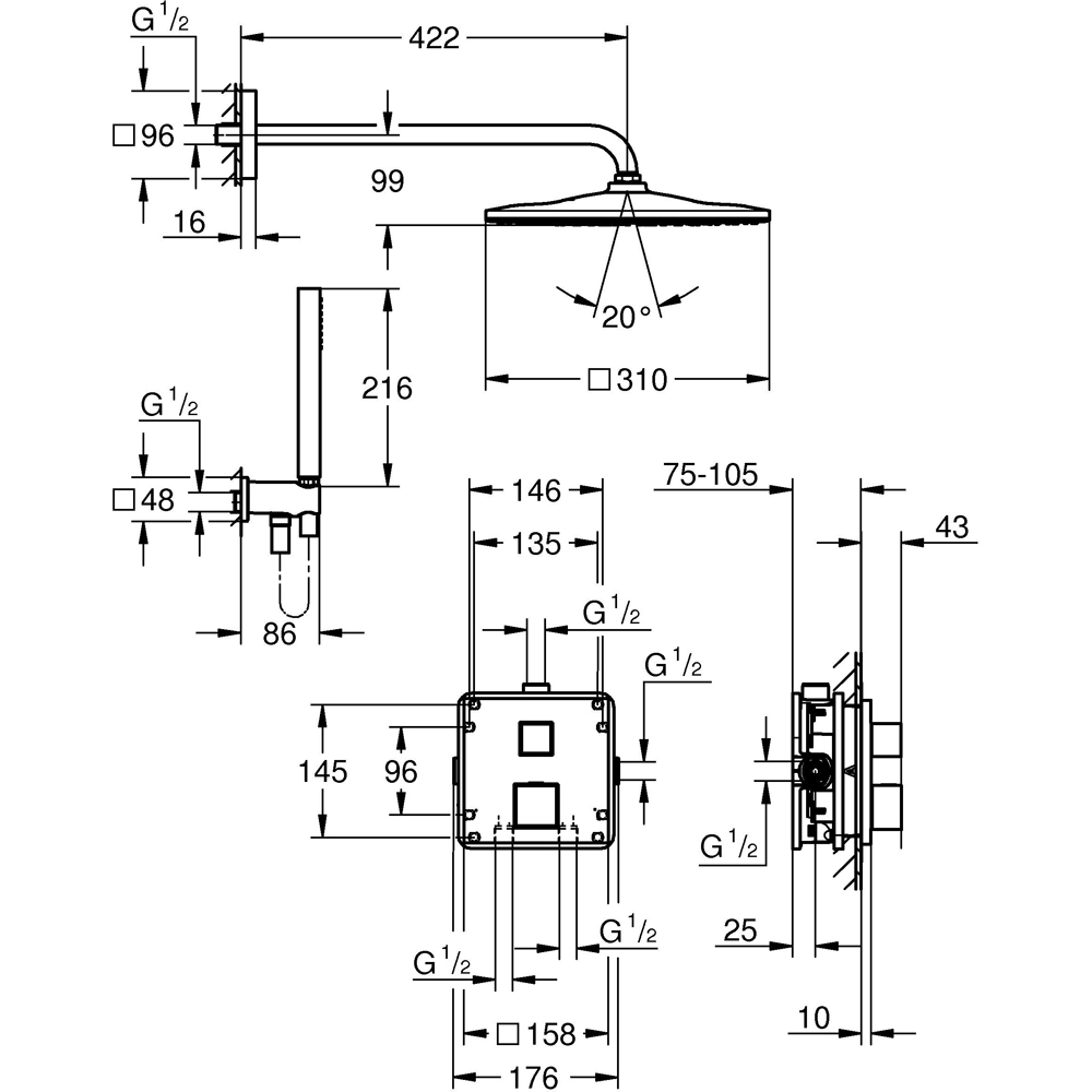 Sistem dus GROHE Grohtherm Cube 310 34868000, termostat, 1 functie, crom