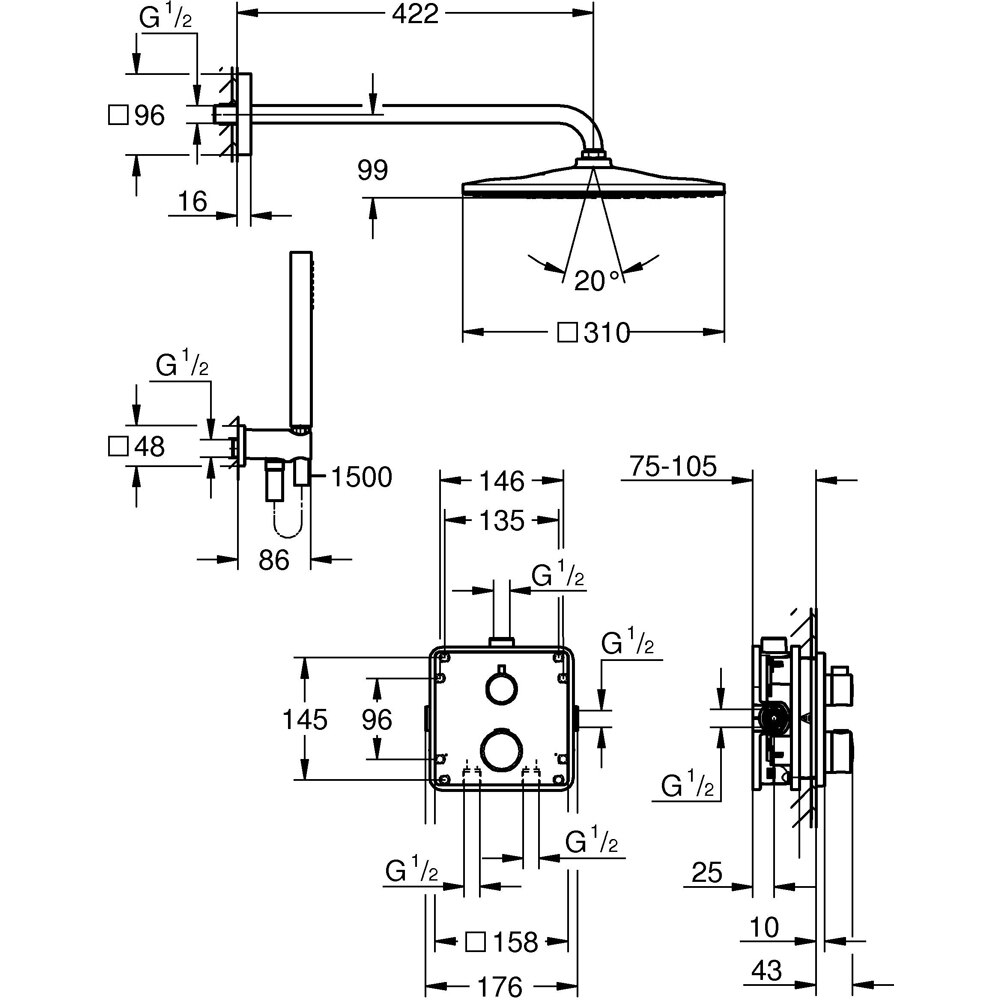 Sistem dus GROHE Grohtherm Cube 310 34870000, termostat, 1 functie, crom
