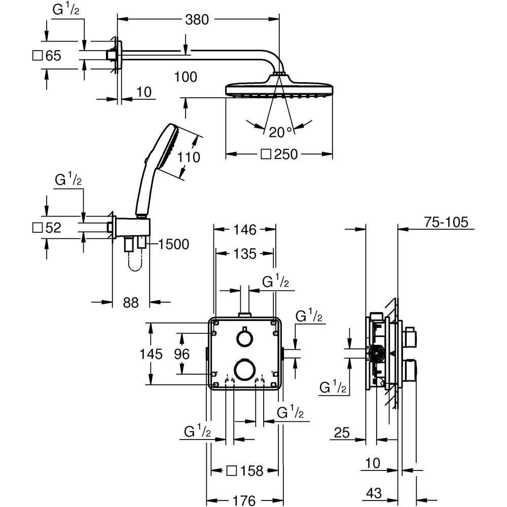 Sistem dus GROHE Grohtherm 250 34871000, termostat, 1 functie, crom
