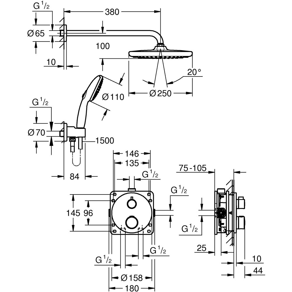 Sistem dus GROHE Grohtherm 250 34872000, termostat, 1 functie, crom