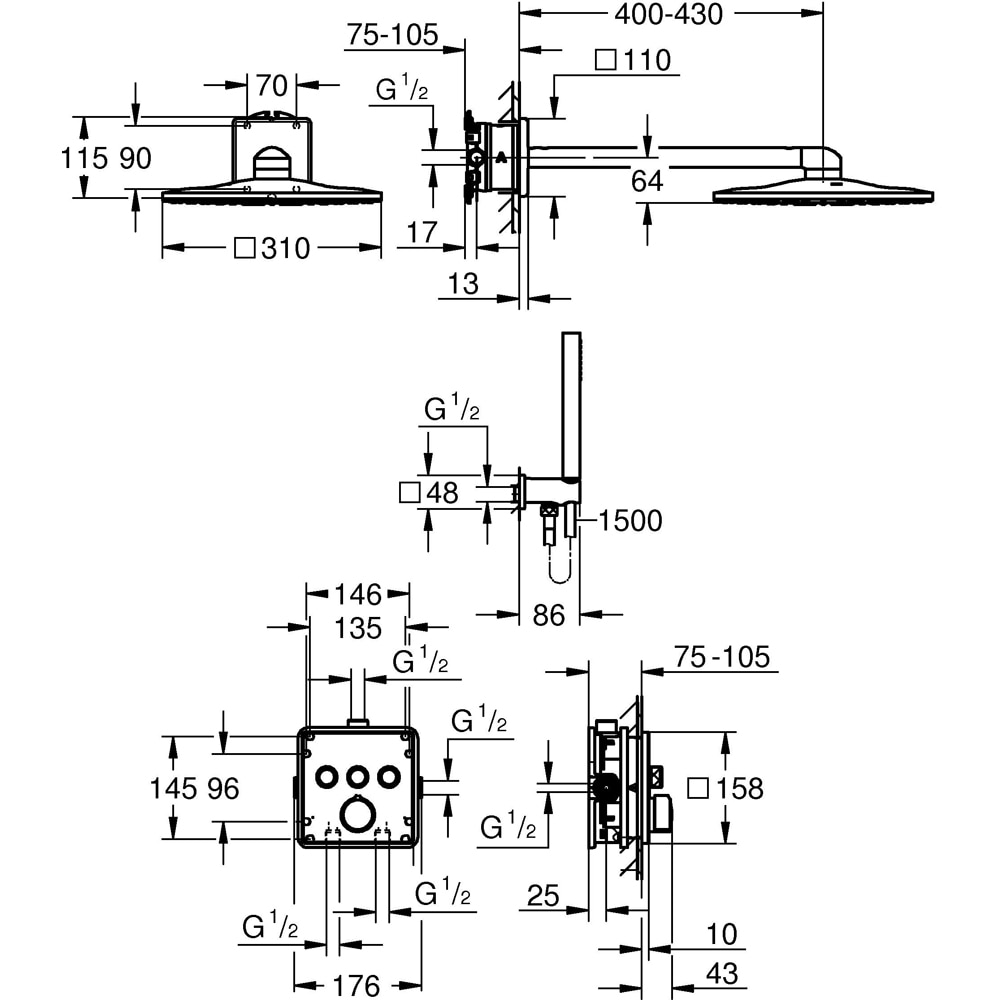 Sistem dus GROHE SmartControl 310 34873000, termostat, 3 functii, crom