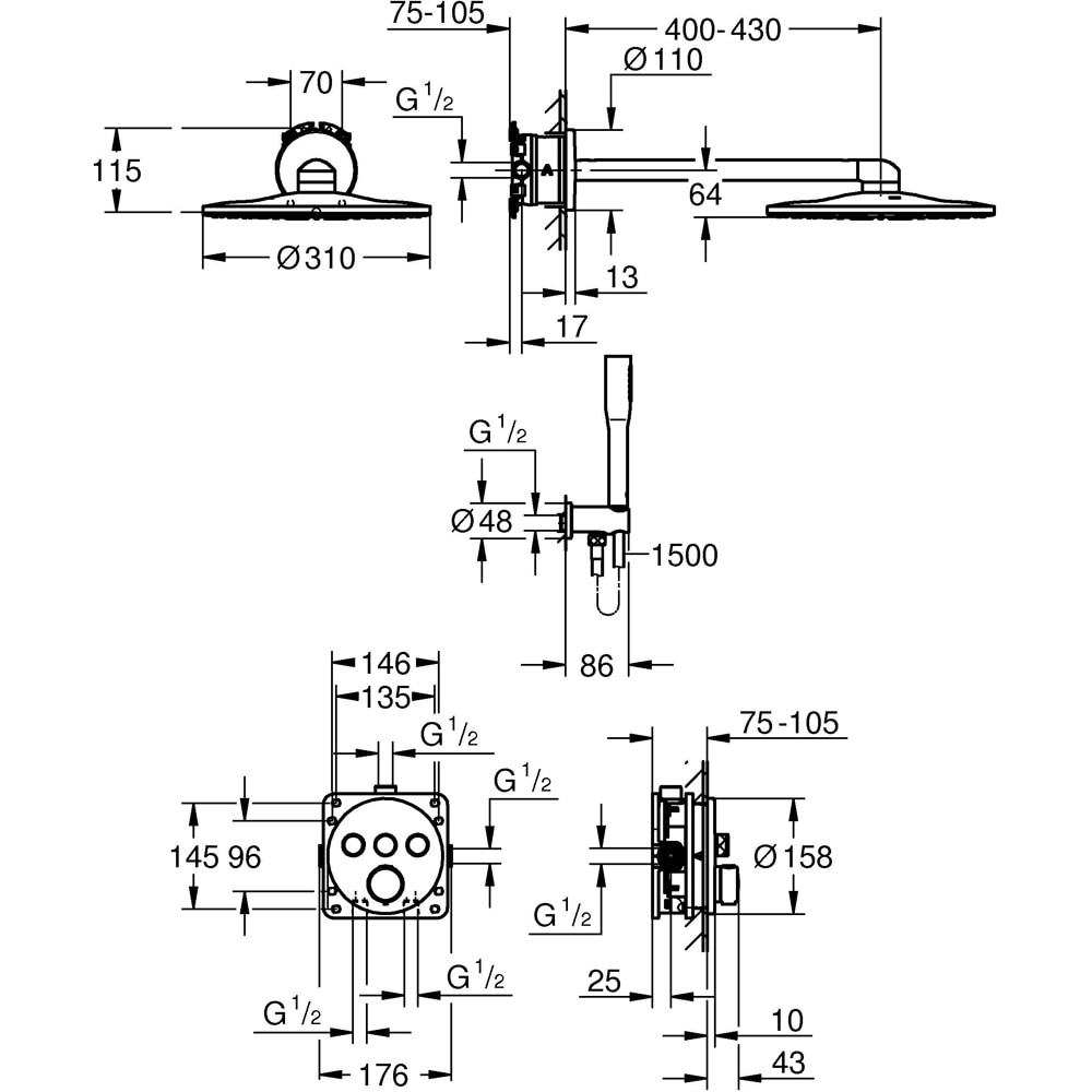 Sistem dus GROHE SmartControl 310 34874000, termostat, 3 functii, crom