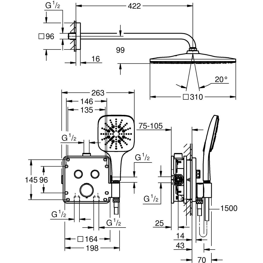 Sistem dus GROHE SmartControl 310 34876000, termostat, 1 functie, crom