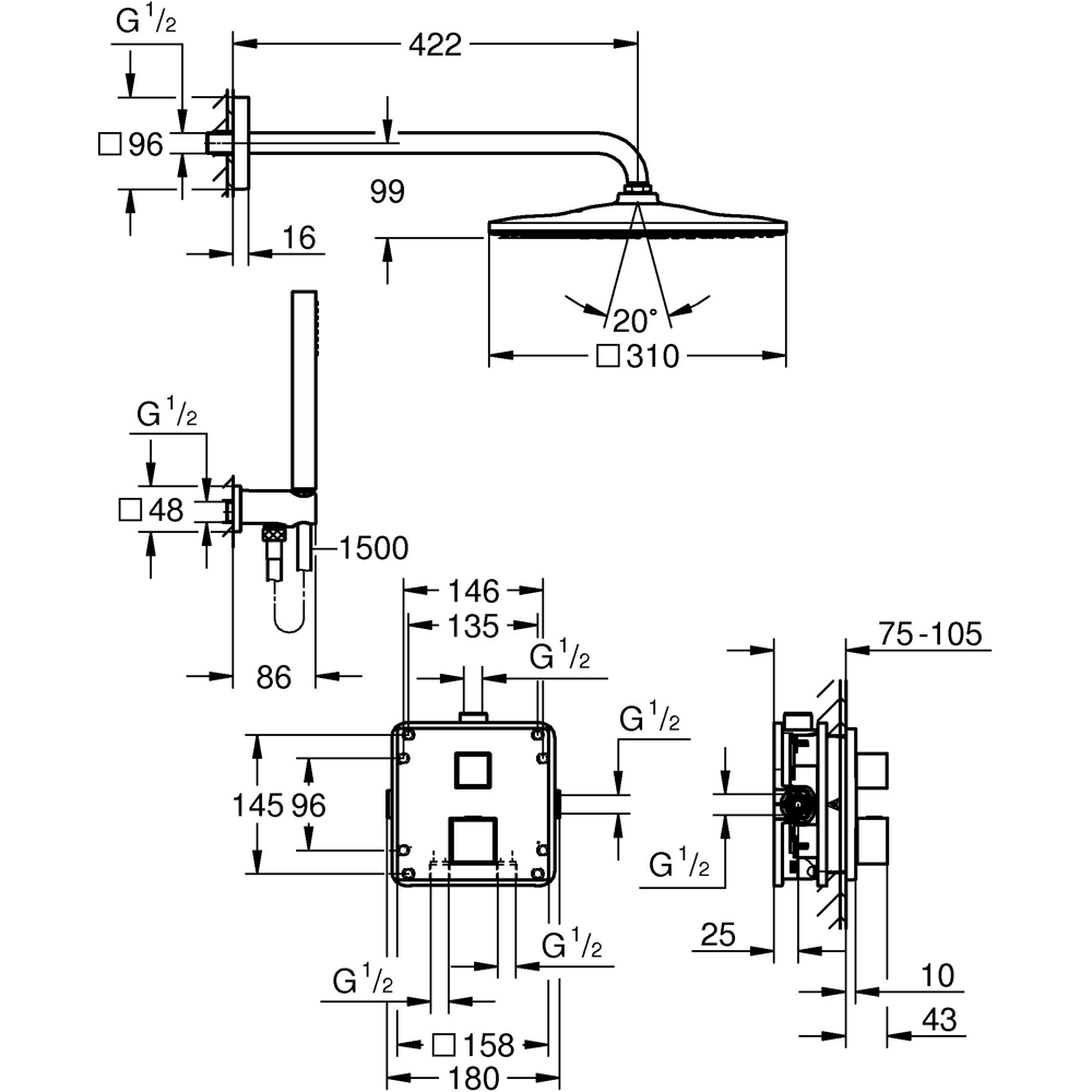 Sistem dus GROHE Precision Cube 310 34879000, termostat, 1 functie, crom