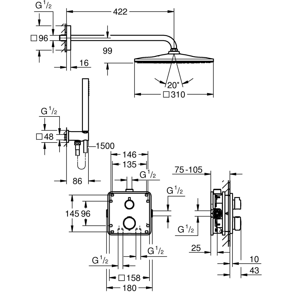 Sistem dus GROHE Precision Cube 310 34881000, termostat, 1 functie, crom