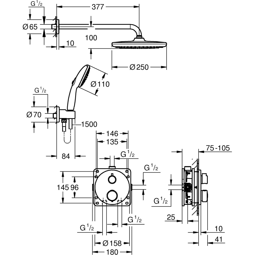 Sistem dus GROHE Grohtherm 250 34883000, termostat, 1 functie, crom