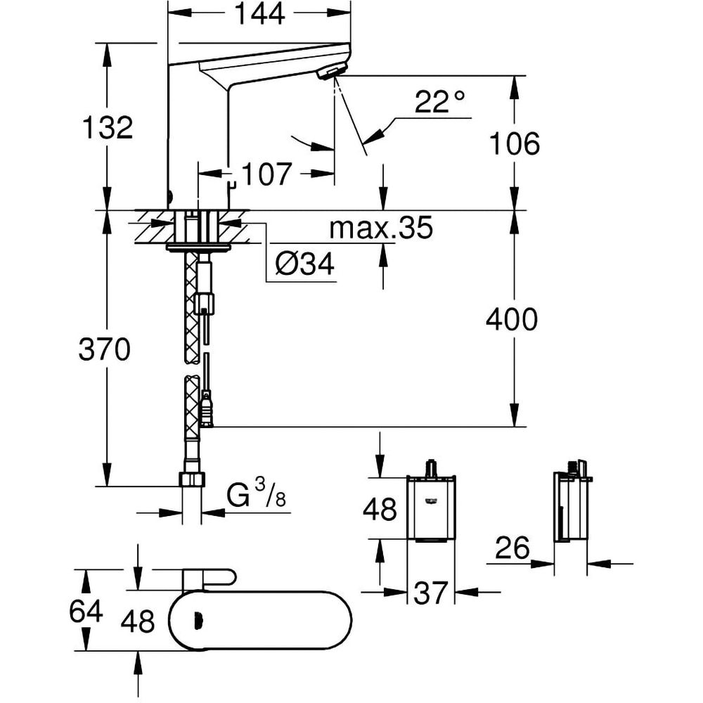 Baterie lavoar cu senzor infrarosu GROHE Eurosmart Cosmopolitan E 36327001, baterie Litiu 6V, alama, argintiu