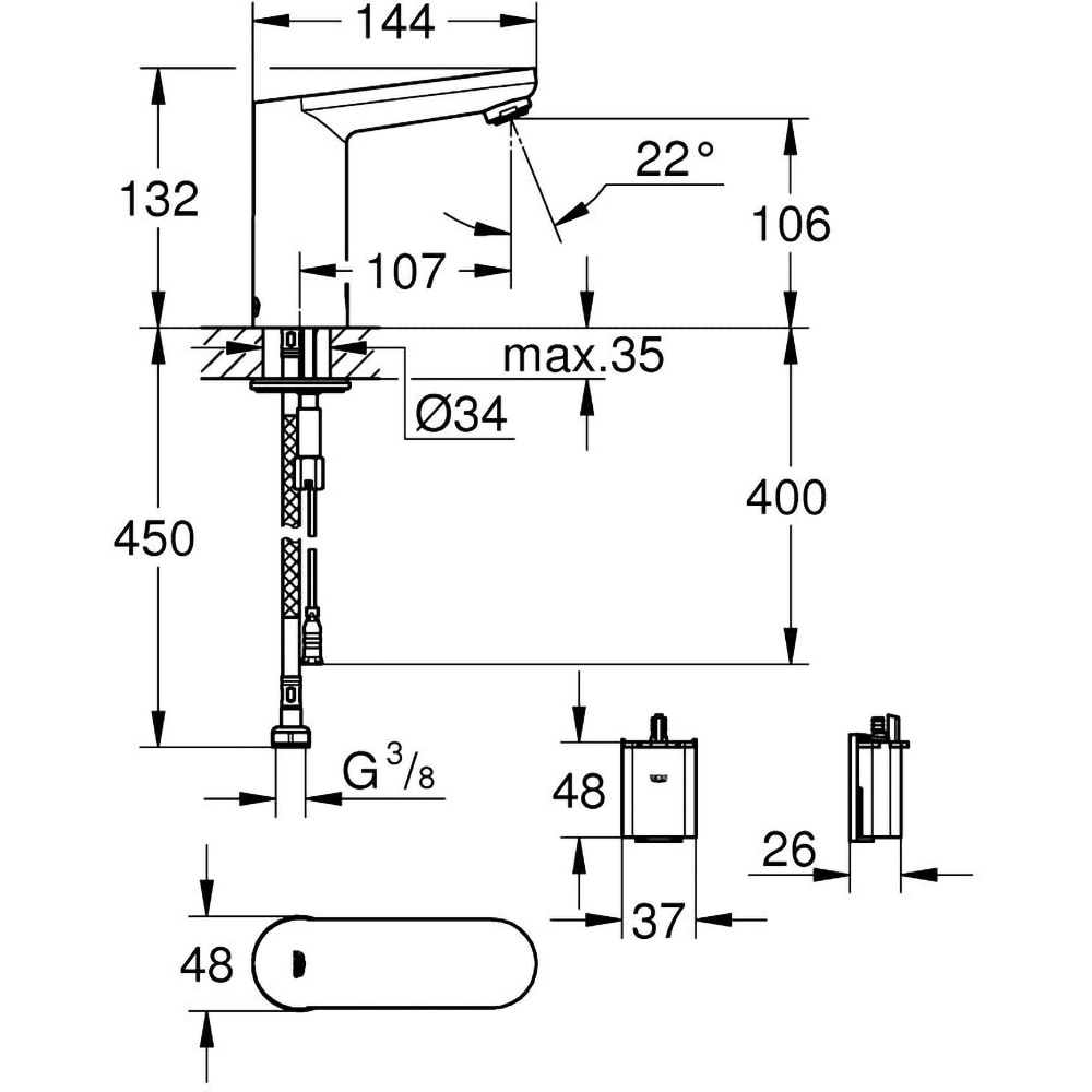 Baterie lavoar cu senzor infrarosu GROHE Eurosmart Cosmopolitan E 36439000, baterie Litiu 6V, alama, argintiu