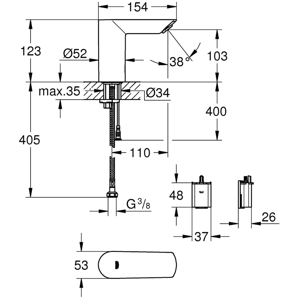 Baterie lavoar cu senzor infrarosu GROHE Bau Cosmopolitan E 36452000, baterie Litiu 6V, alama, argintiu