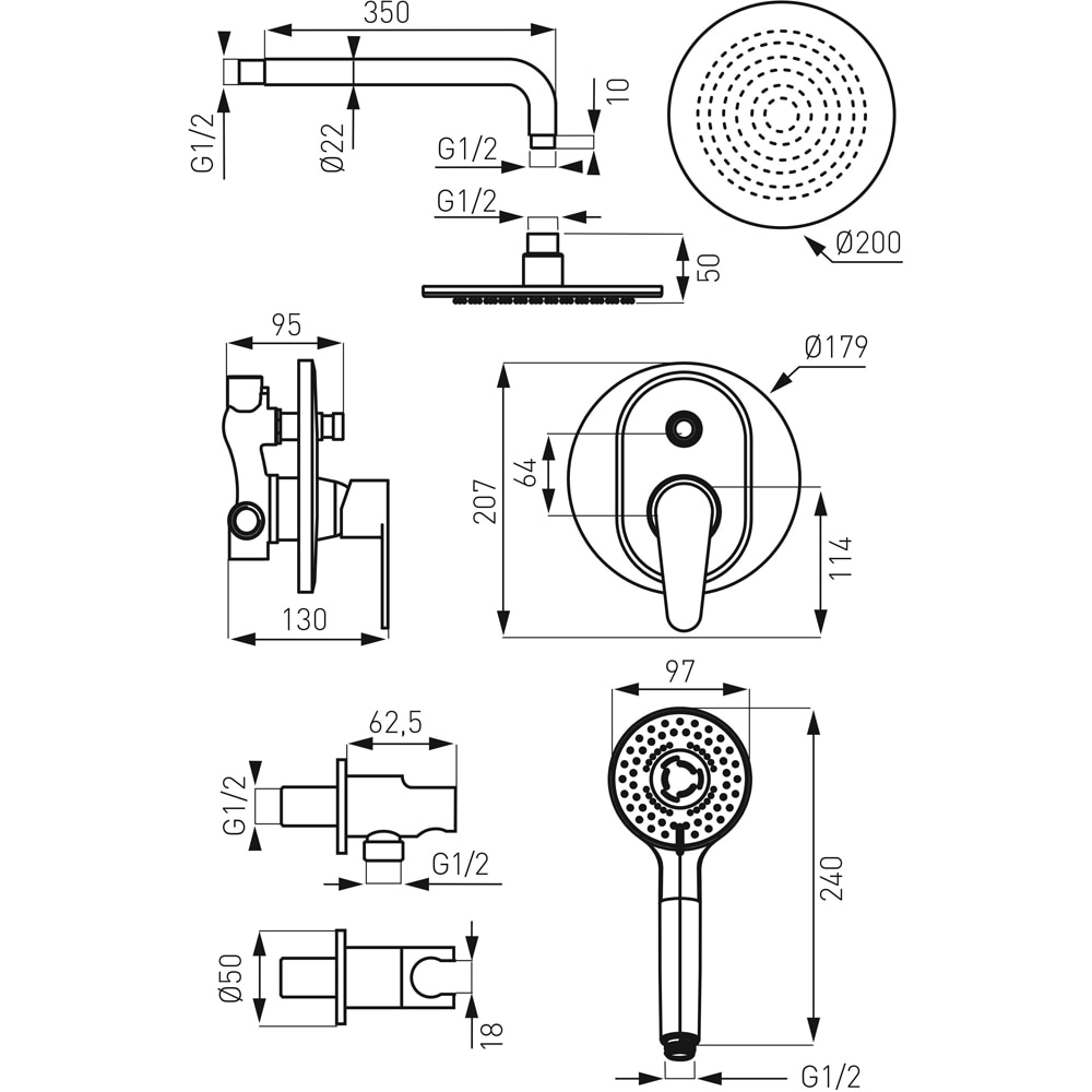 Sistem dus FERRO Algeo BAG7P-SET1-S, 3 functii, argintiu