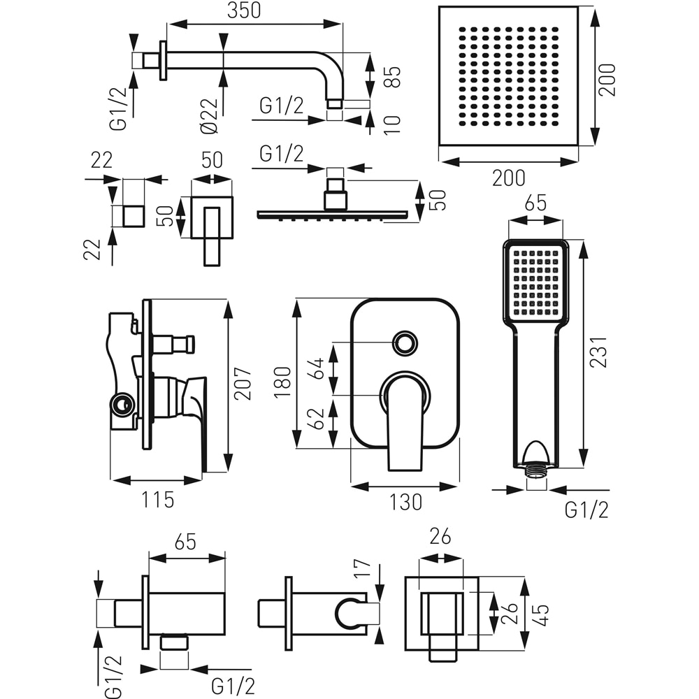Sistem dus FERRO Algeo Square BAQ7P-SET1-S, 1 functie, argintiu