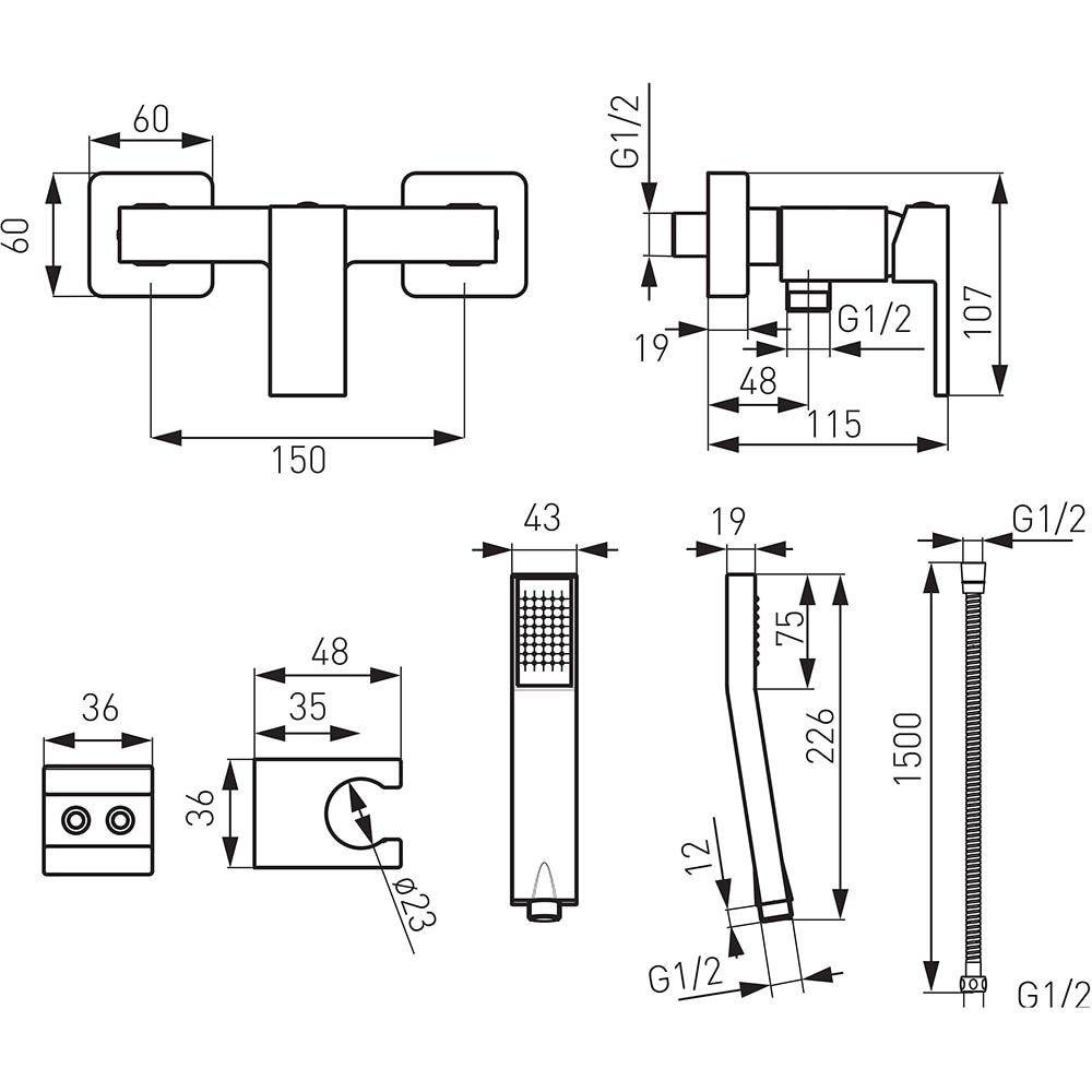 Set baterie dus FERRO Zicco BZI77, alama sanitara, argintiu