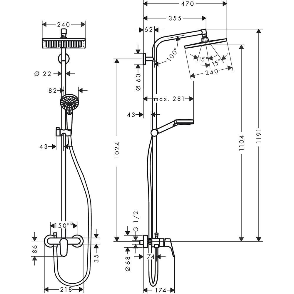 Sistem dus HANSGROHE Crometta E 240 27284000, termostat, 1 functie, crom