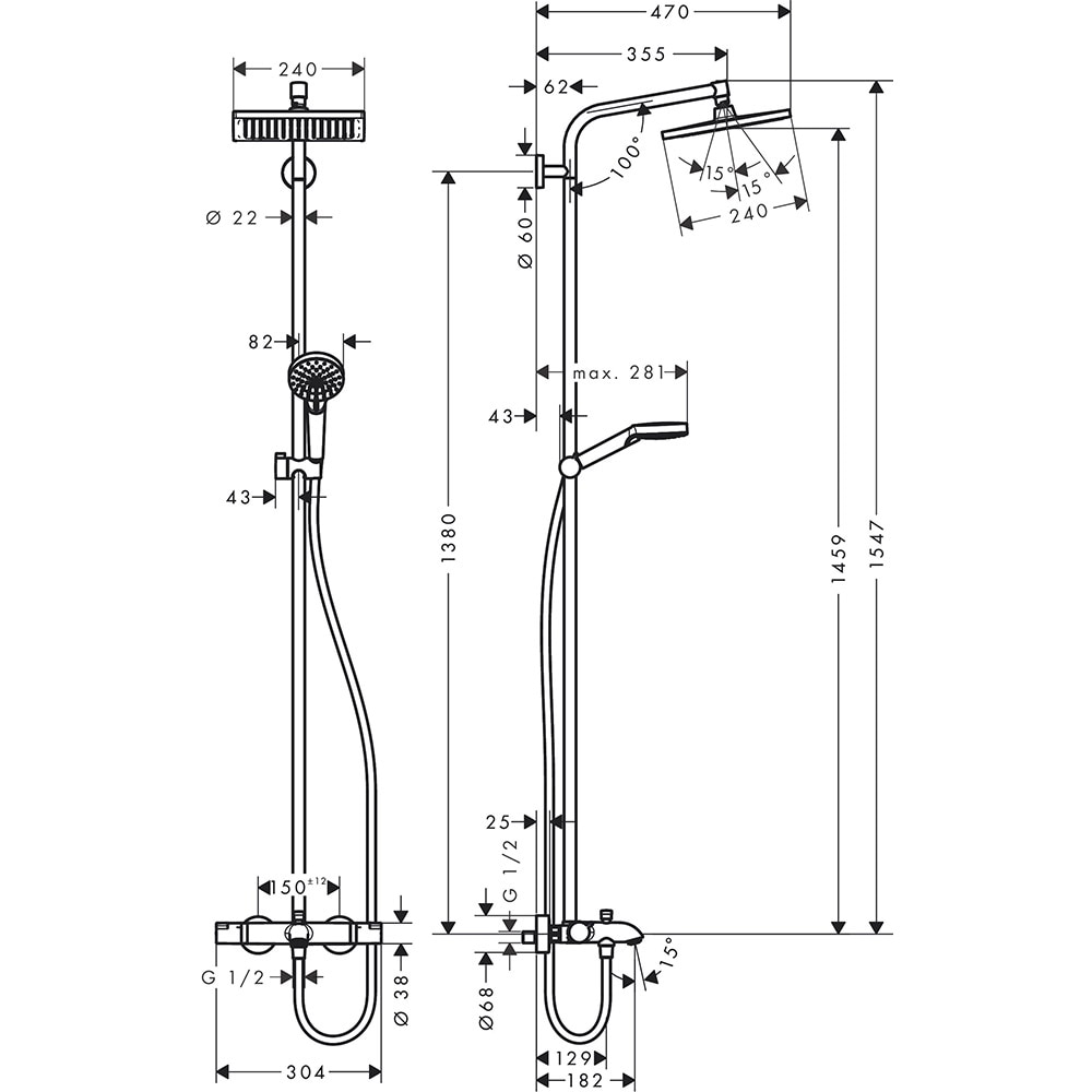 Sistem dus HANSGROHE Crometta E 240 27298000, termostat, 1 functie, crom