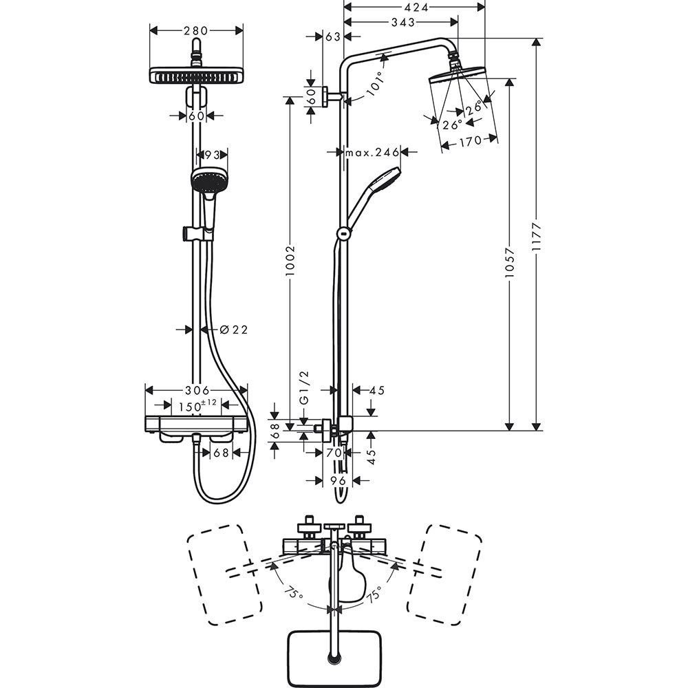 Sistem dus HANSGROHE Croma E 280 27630000, termostat, 2 functii, crom