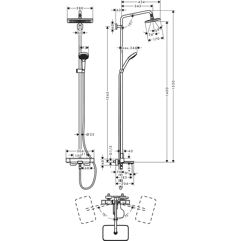 Sistem dus HANSGROHE Croma 280 27687000, termostat, 1 functie, crom