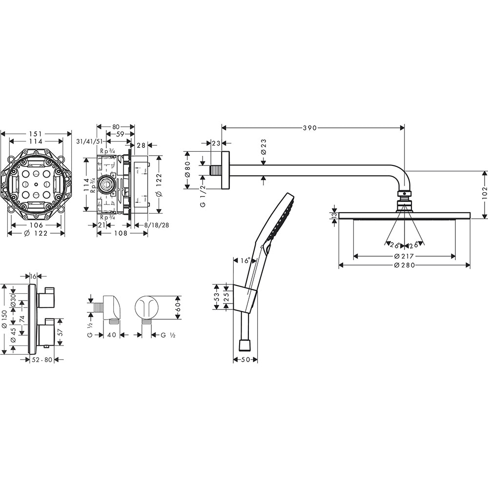 Sistem dus HANSGROHE Croma 280 27961670, 1 functie, negru