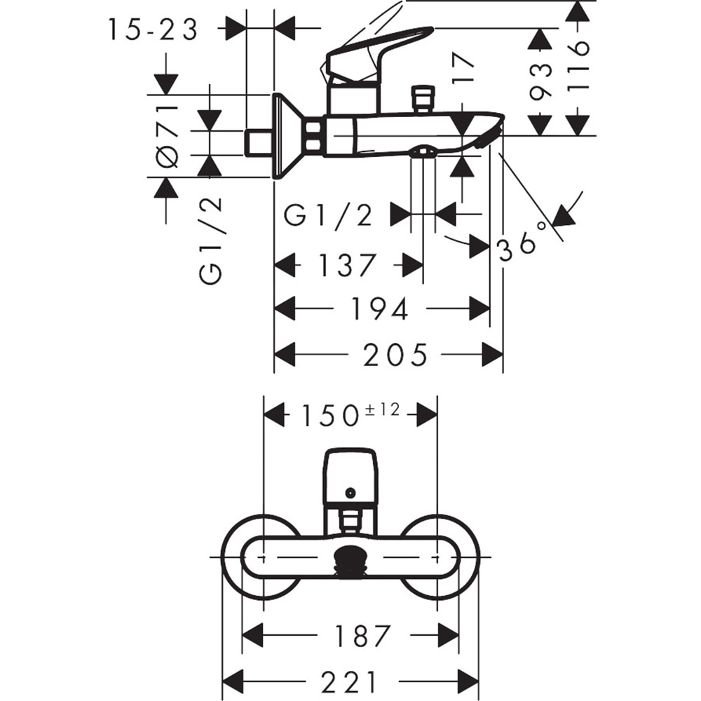 Baterie cada-dus HANSGROHE Logis 71400000, alama sanitara, crom