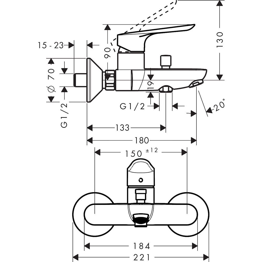 Baterie cada-dus HANSGROHE Logis E 71403000, alama sanitara, crom
