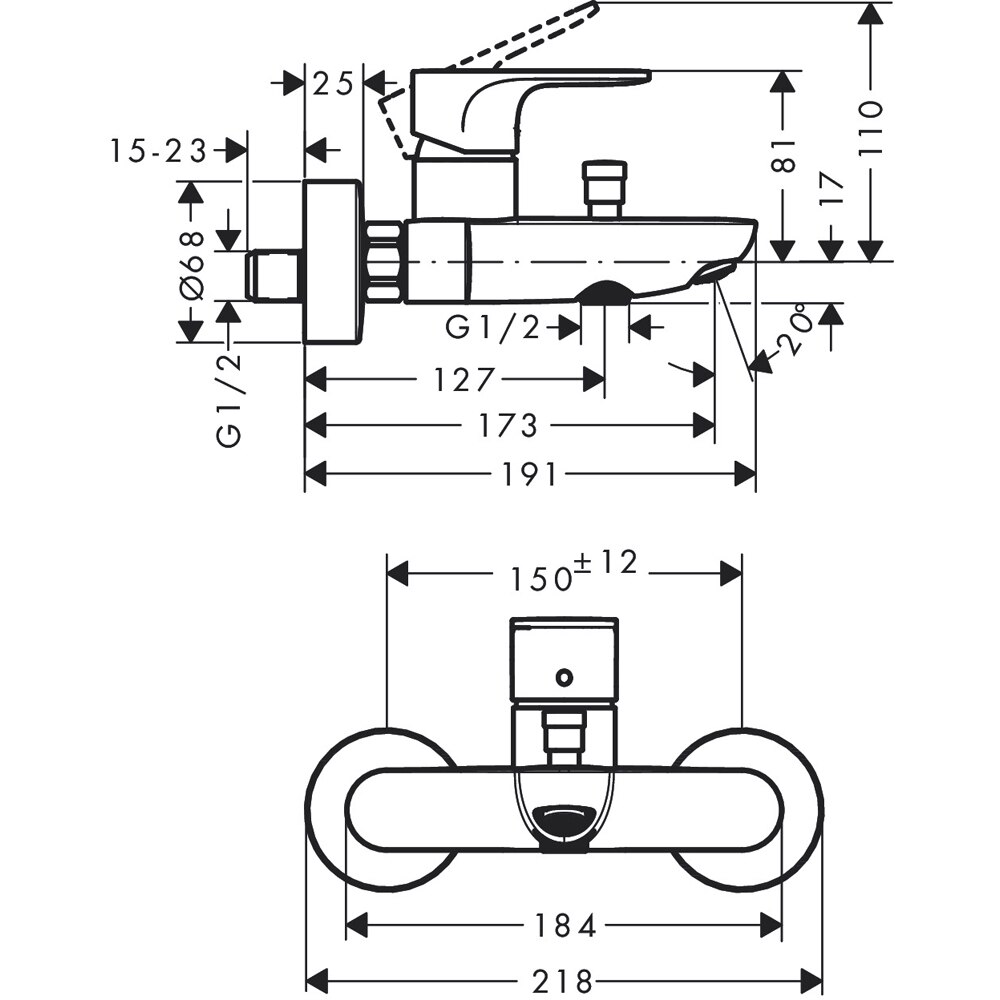 Baterie cada-dus HANSGROHE Rebris S 72440000, alama sanitara, crom