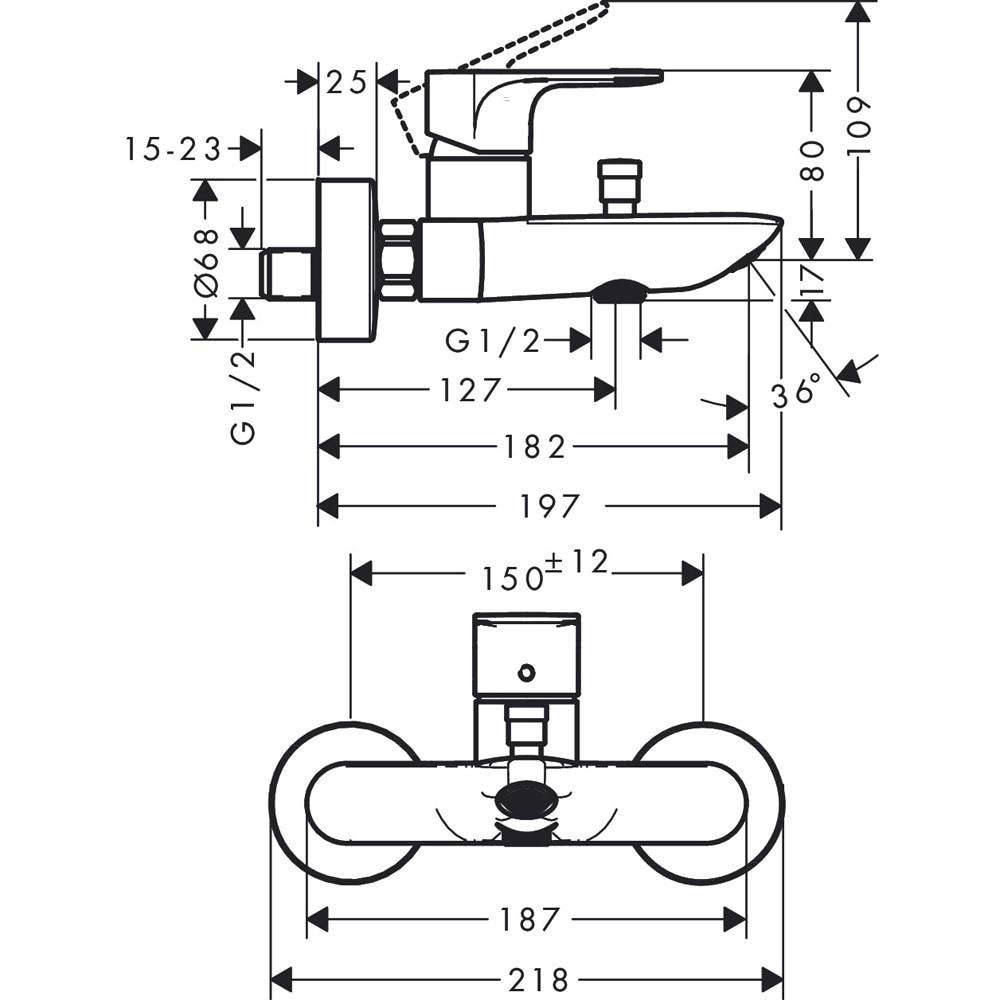 Baterie cada-dus HANSGROHE Rebris E 72450000, alama sanitara, crom