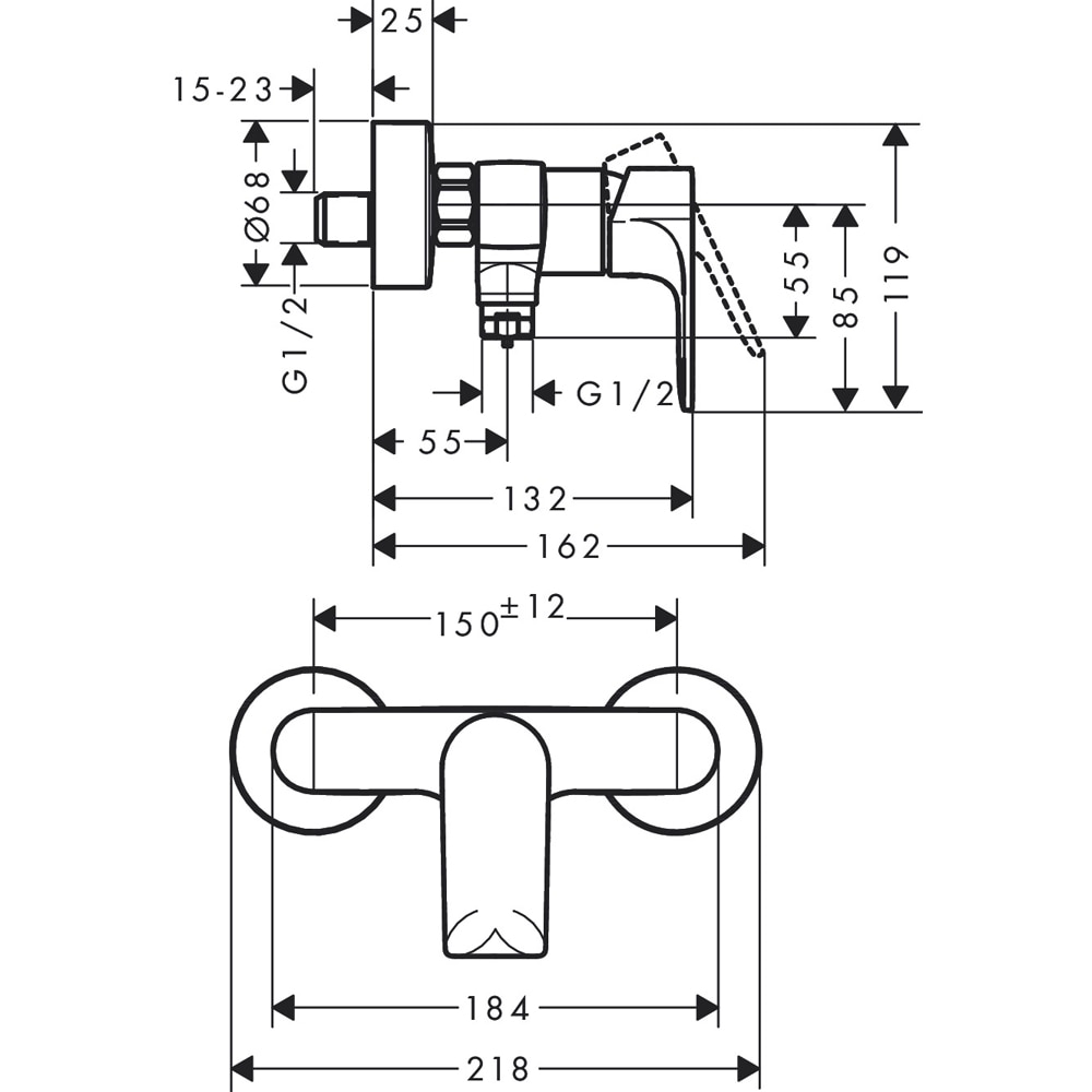 Baterie dus HANSGROHE Rebris E 72650000, alama sanitara, crom