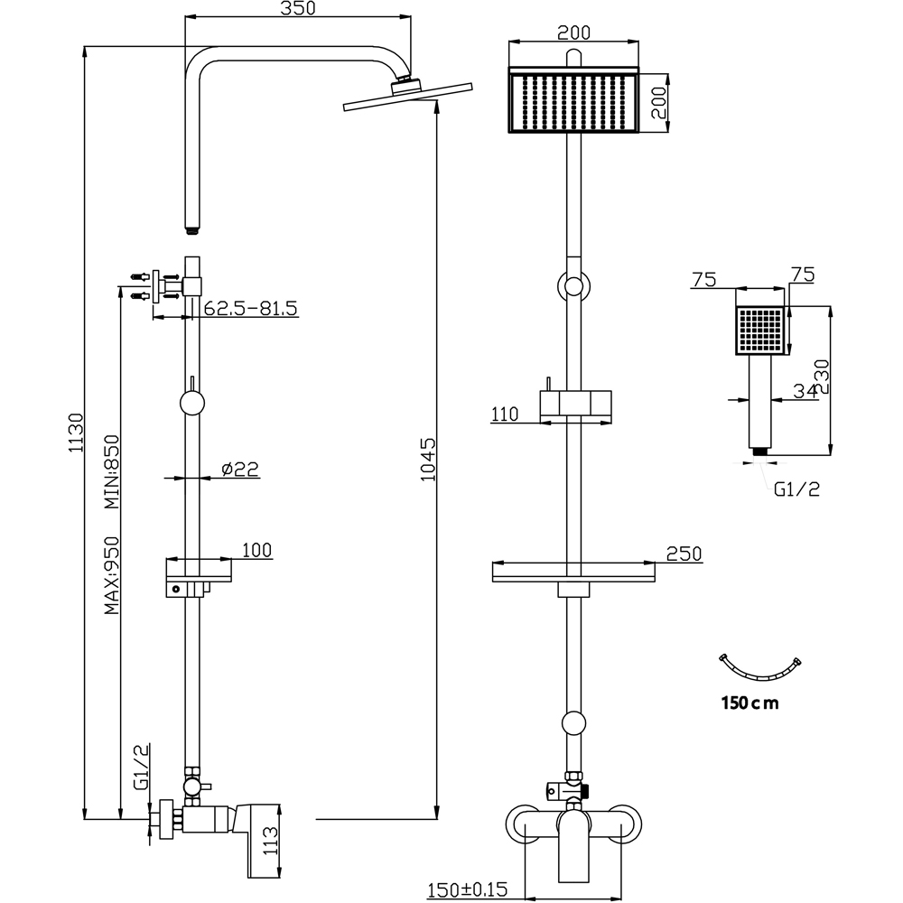 Sistem dus FERRO Algeo Square NP74-BAQ7U, 1 functie, argintiu