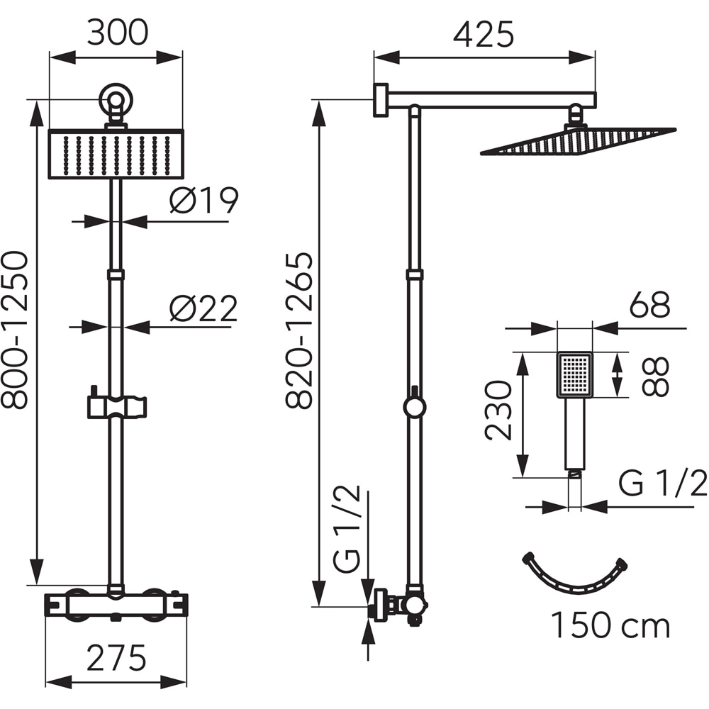 Sistem dus FERRO Trevi Square Black NP75SQ-TRV7U-BL, termostat, 1 functie, negru