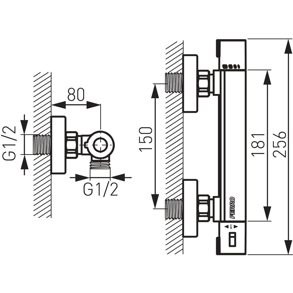 Baterie dus FERRO Trinity TRM7, termostat, alama sanitara, argintiu