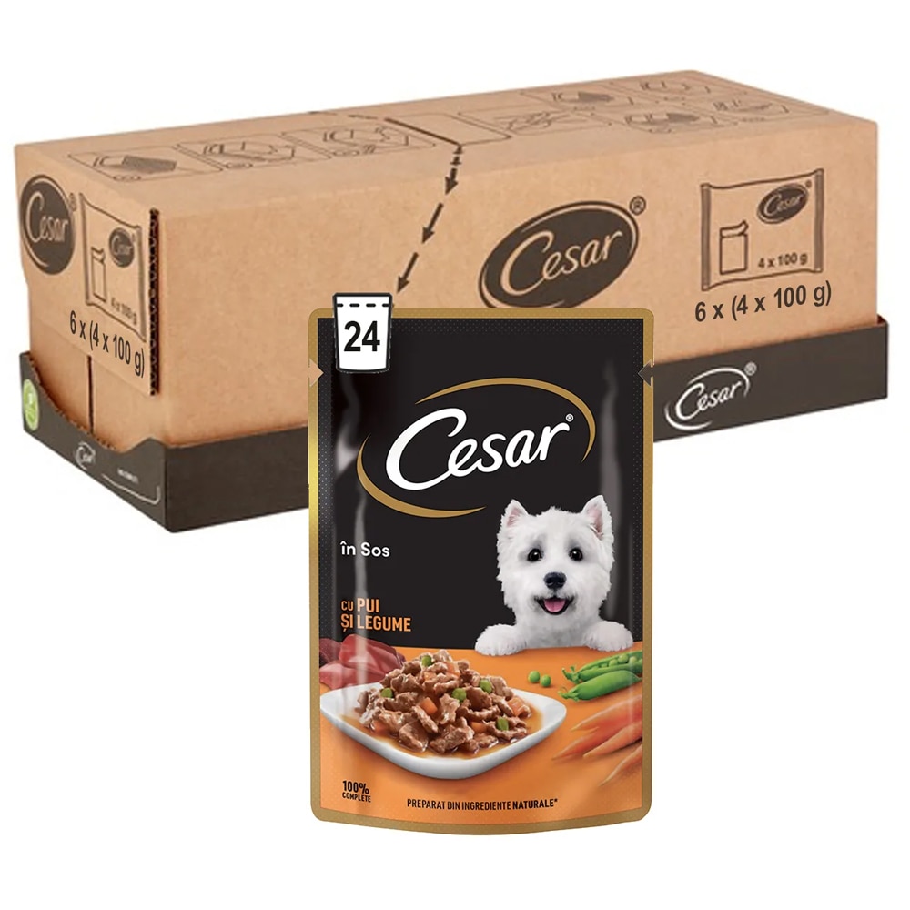 Hrana umeda pentru caini CESAR, Adult, Pui si legume in sos, 24 x 100 g
