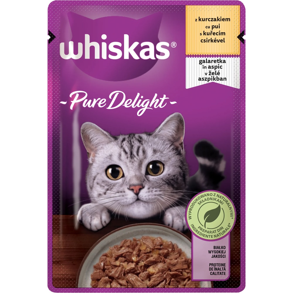 Hrana umeda pentru pisici WHISKAS Pure Delight, Adult, Pui in aspic, 28 x 85 g